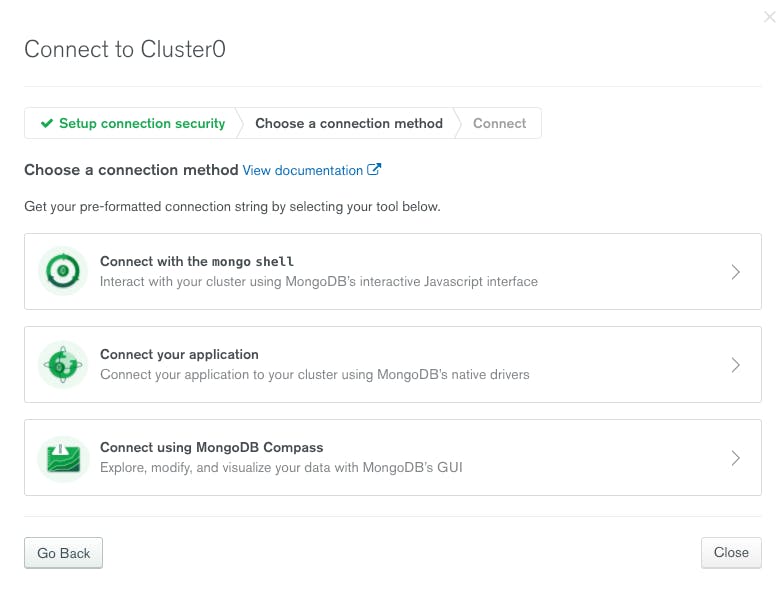 image of MongoDB Atlas cluster connection set up