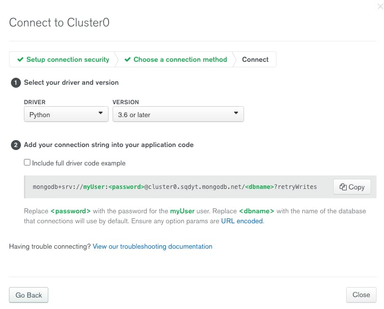 image of MongoDB Atlas cluster connection finalization