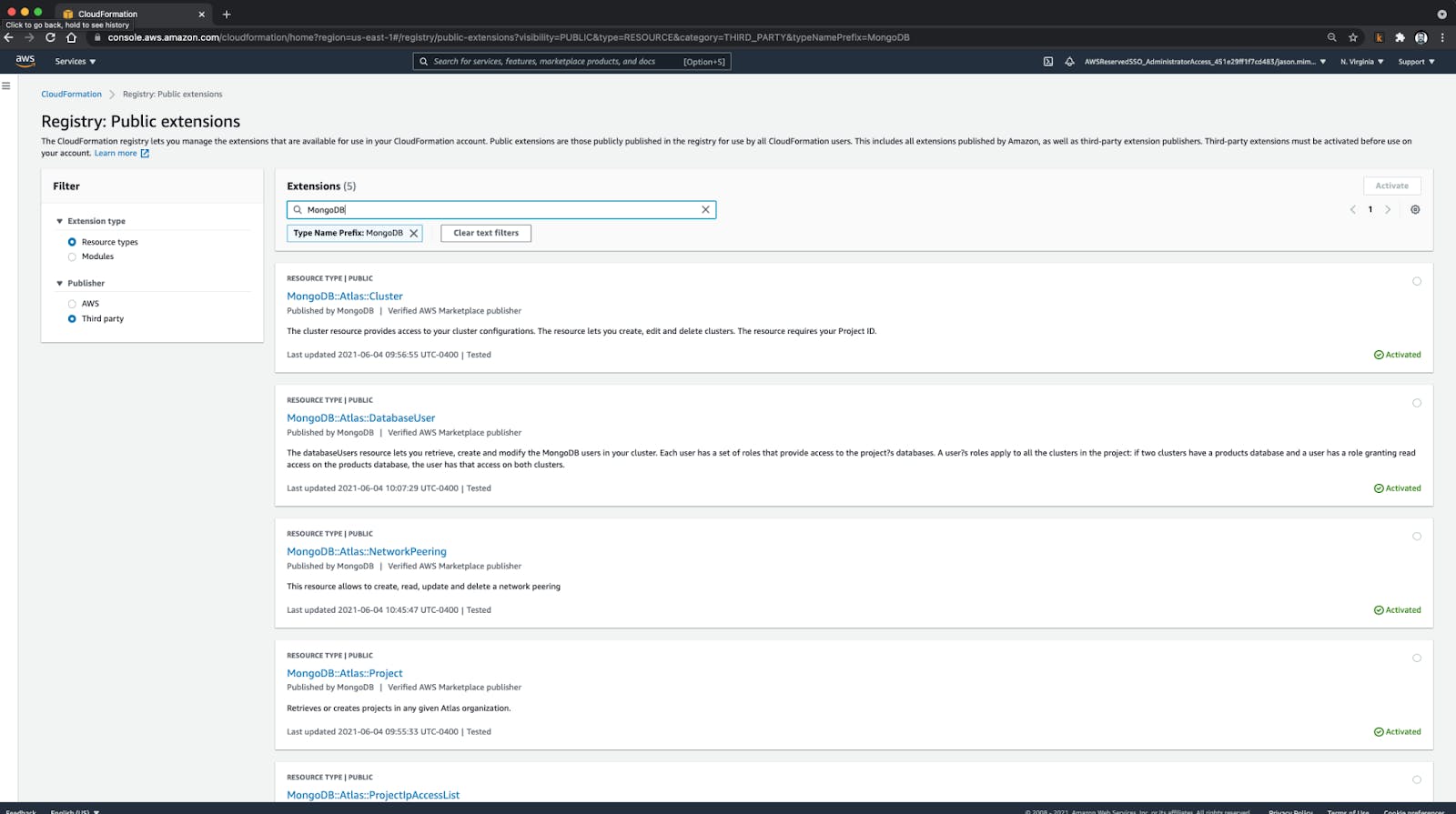Find and deploy MongoDB Atlas as a public extension in your AWS CloudFormation Registry Find and deploy MongoDB Atlas as a public extension in your AWS CloudFormation Registry