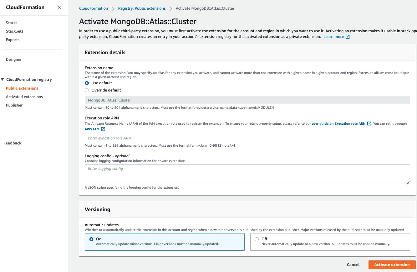 Activate MongoDB Atlas resources in an AWS region in CloudFormaiton Activate MongoDB Atlas resources in an AWS region in CloudFormaiton