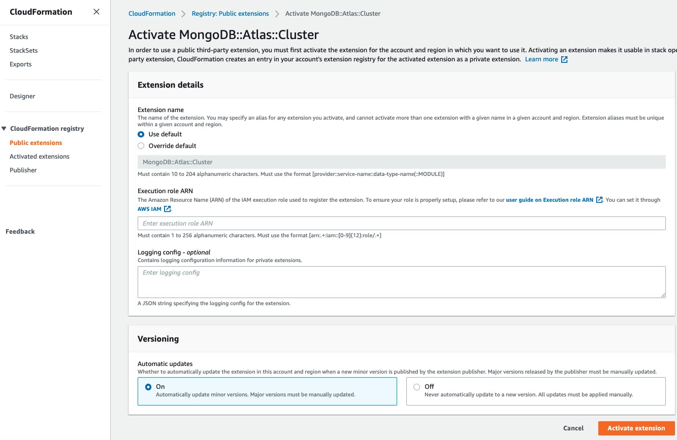 Activate MongoDB Atlas resources in an AWS region in CloudFormaiton