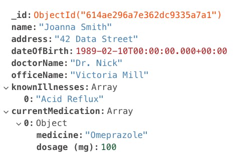 Example MongoDB Document for a Patient in Healthcare