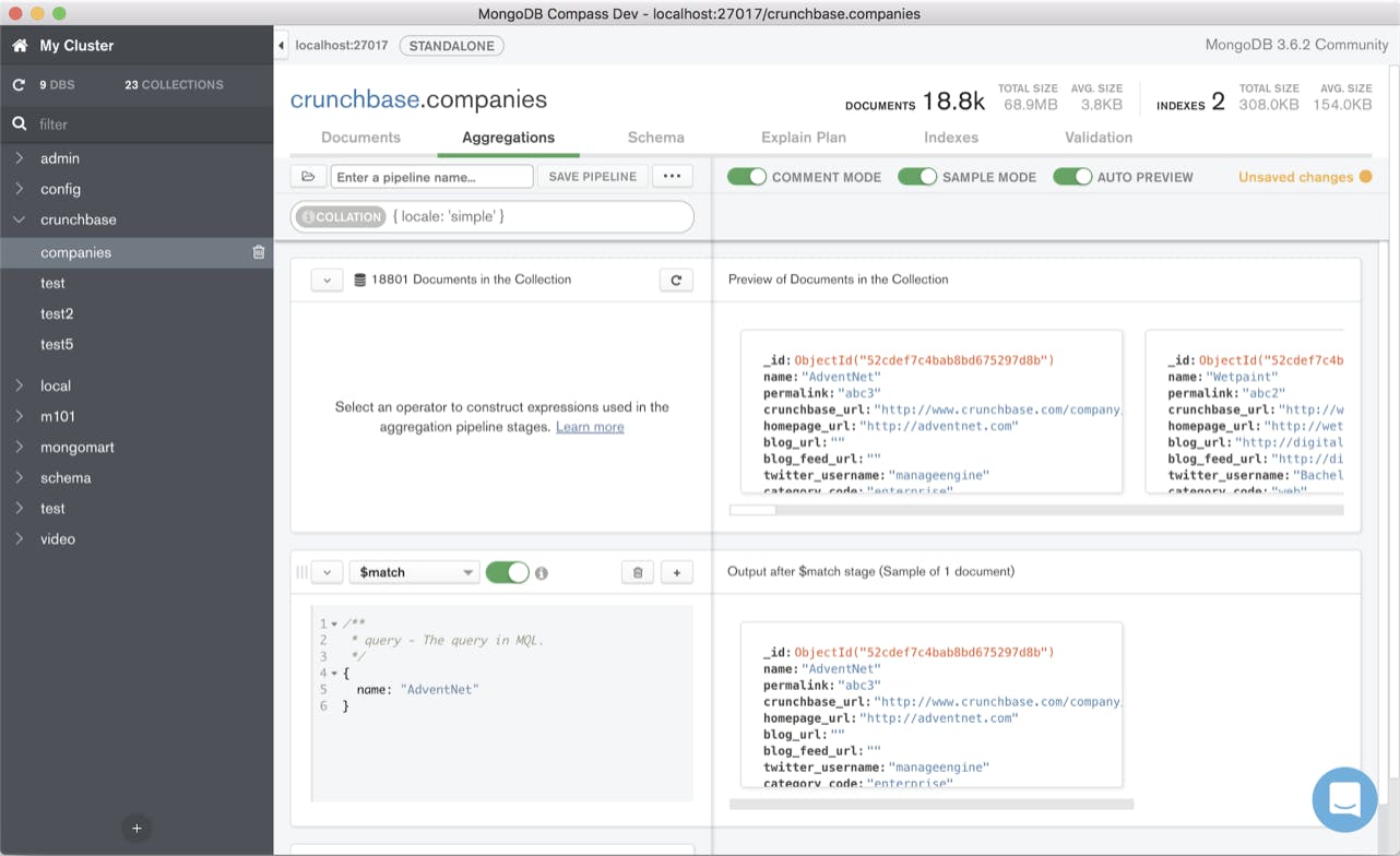 Screenshot of Compass Aggregation pipeline builder