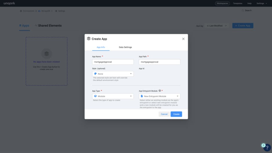 Screenshot of creating a Unqork application
