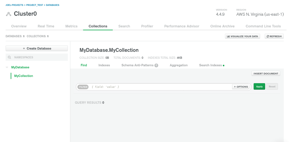 Screenshot of MongoDB Atlas dashboard showing how to create a database.