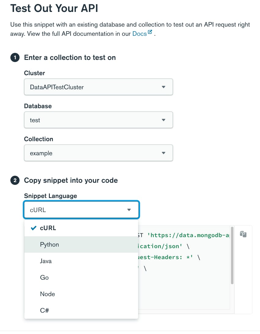 Screenshot showing the Test Out Your API modal page that generates a code snippet in different languages based on the cluster, database and collection selected