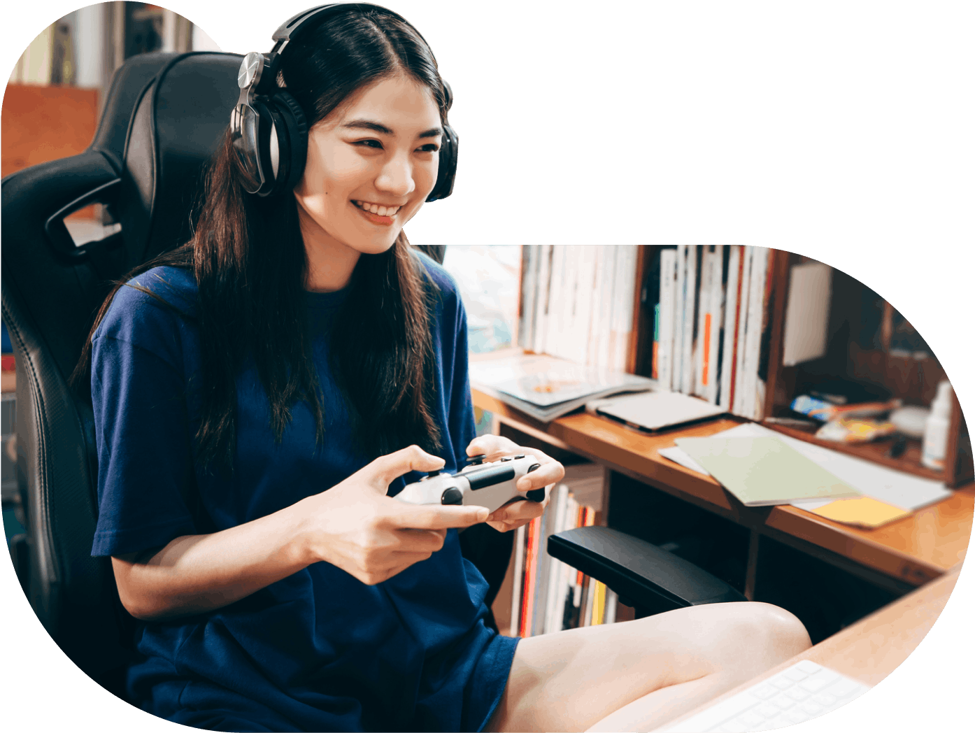 A young woman playing video games.