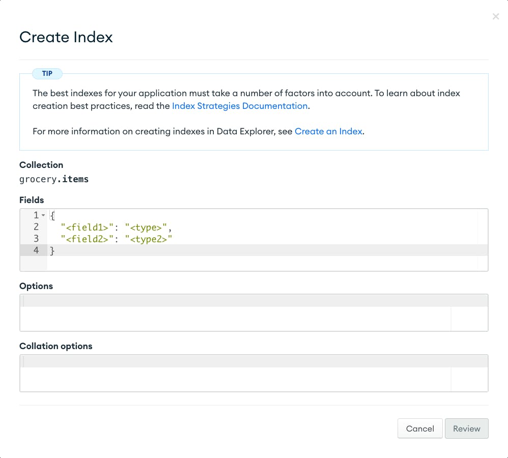 A screenshot of the Create Index modal in the Atlas UI