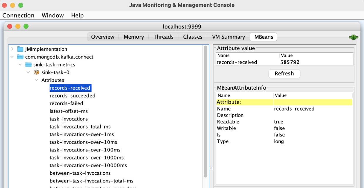 Screenshot of source task JMX metrics from JConsole.