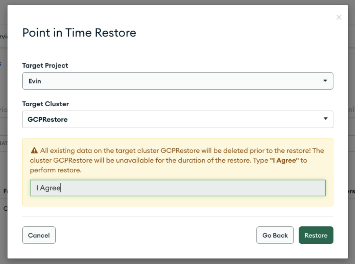 Screenshot of the point in time restore option in MongoDB Atlas
