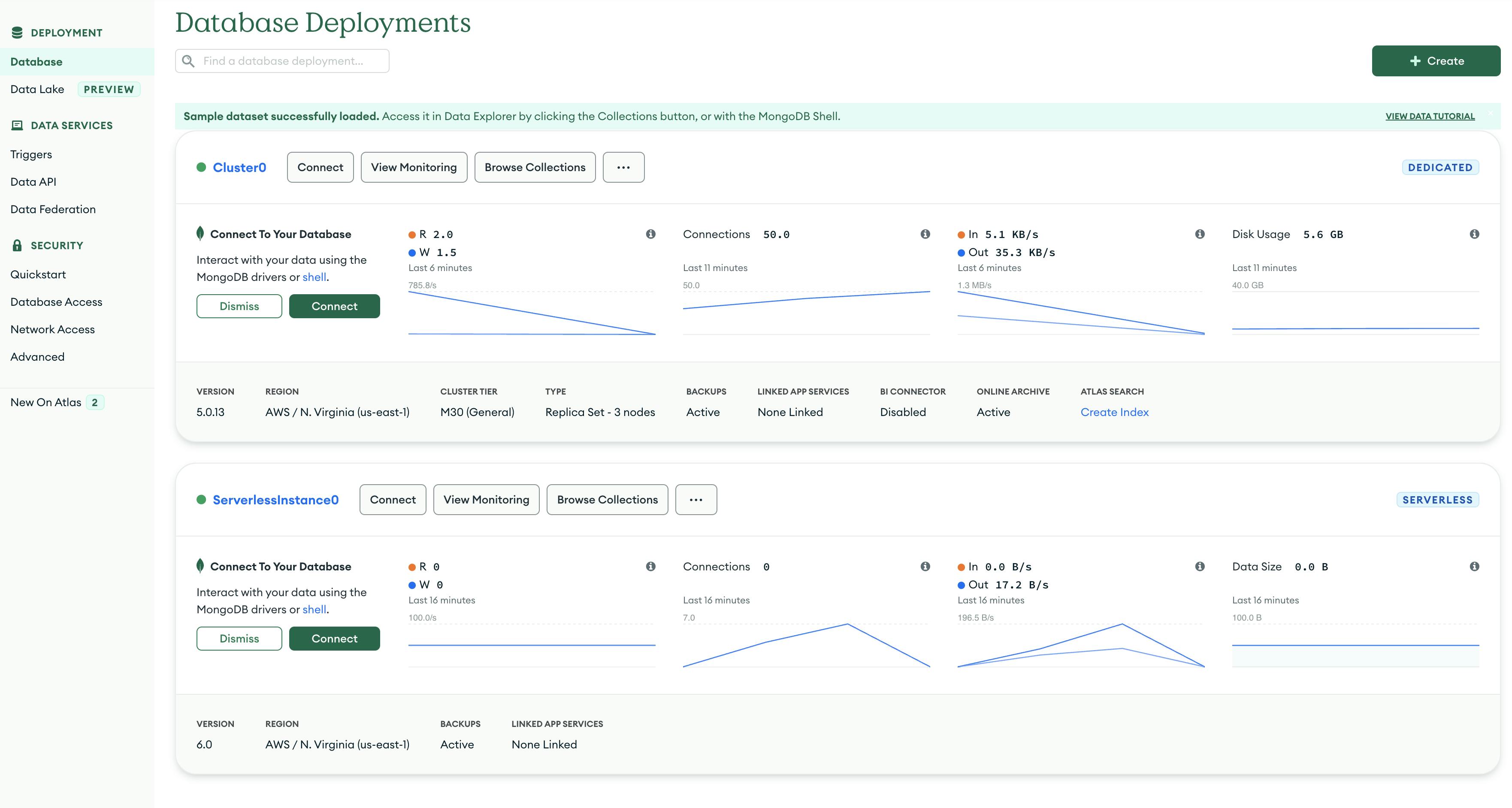 Screenshot of the dashboard deploying a serverless database in MongoDB Atlas