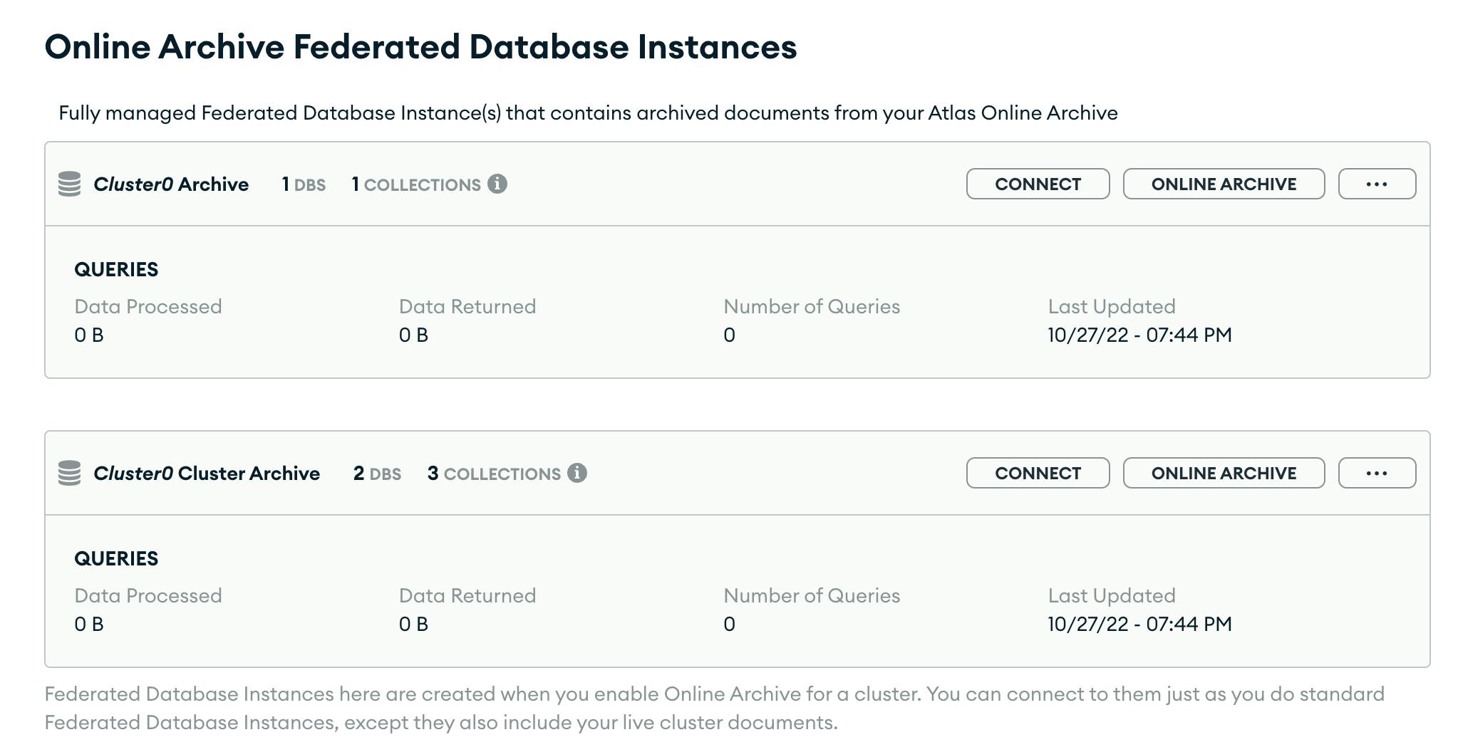 Screenshot of the MongoDB Atlas page showing Online Archive instances