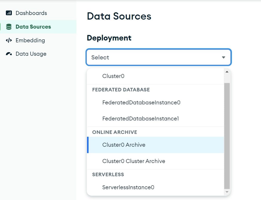 Screenshot showing Serverless and Online Archive data sources in Atlas Charts