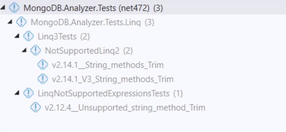 Screenshot of the test cases dynamically generated from C# code for each tested driver version discovered in Visual studio test explorer. Test cases displayed in a tiered list. From top to bottom: MongoDB Analyzer tests (net472) 3, MongoDB analyzer tests linq 3, Linq3Tests 2, NotSupportedLinq2 2, vs 14 1_String_methods_Trim, v2 14 1_V3_String_Methods_Trim, LinqNotSupportedExpressionsTests 1, v2 14 1_Unsopported_string-method_Trim
