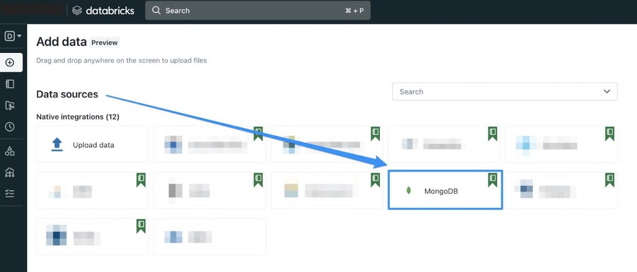 Screenshot of data sources in a Databricks notebook with an arrow pointing to the option for MongoDB as a datasource.