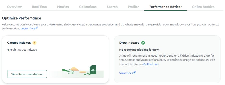 Screenshot of the Performance Advisor dashboard in MongoDB Atlas