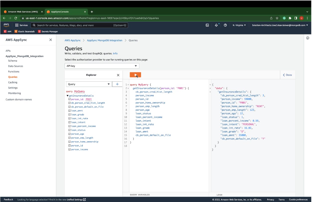 Test results for AWS AppSync queries are shown, separated into three columns underneath a dropdown menu labeled “API Key.”