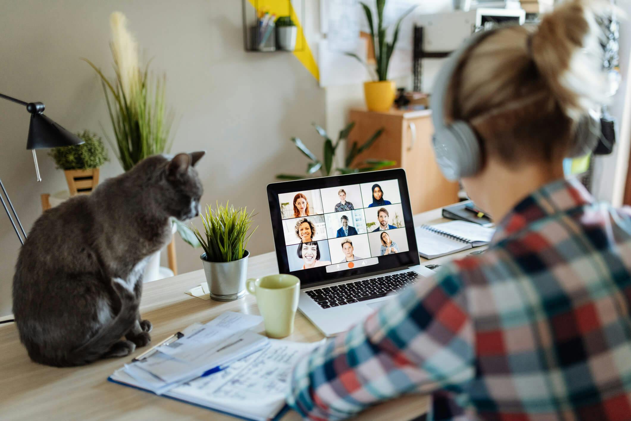 Woman on a conference call with her cat sitting next to her