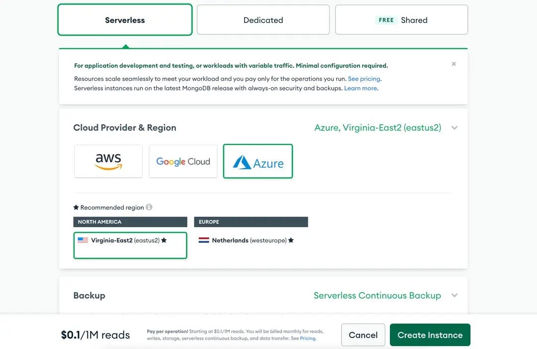 An image showing the creation of an instance in MongoDB Atlas.