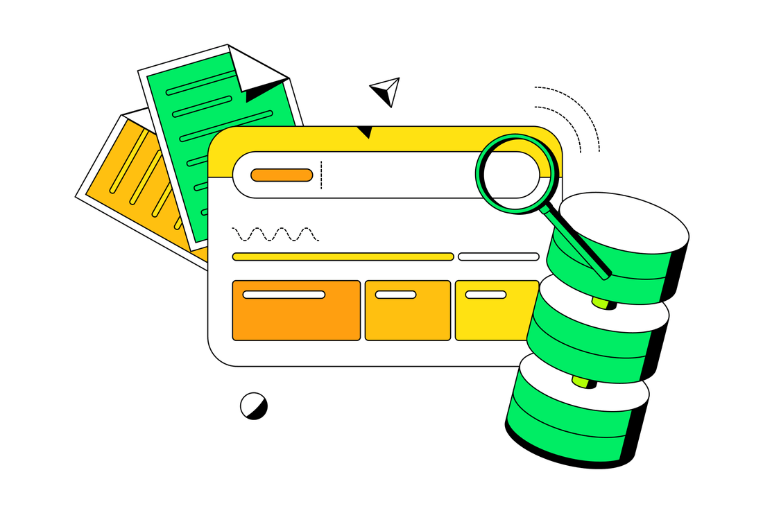 Two documents, one orange and one green, are behind a search window. A magnifying glass hovers over the search window.