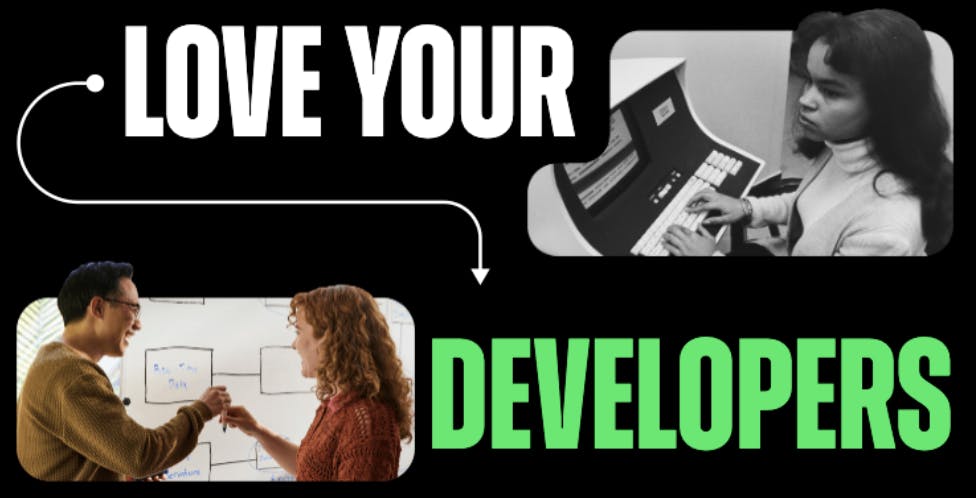 Love Your Developers campaign banner that features a developer working at a computer in the top right, and another two developers in a brainstorm session in the bottom left.