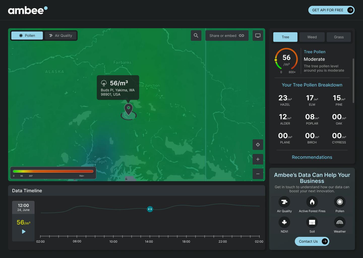 Screenshot of Ambee's pollen and air quality map