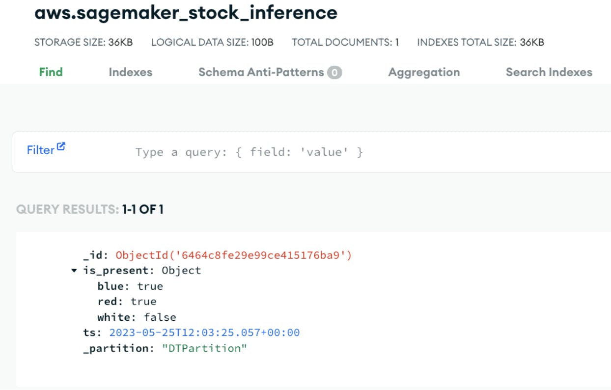 Screenshot of collection storing real time stock status of the factory in the AWS Sagemaker Stock Inference.