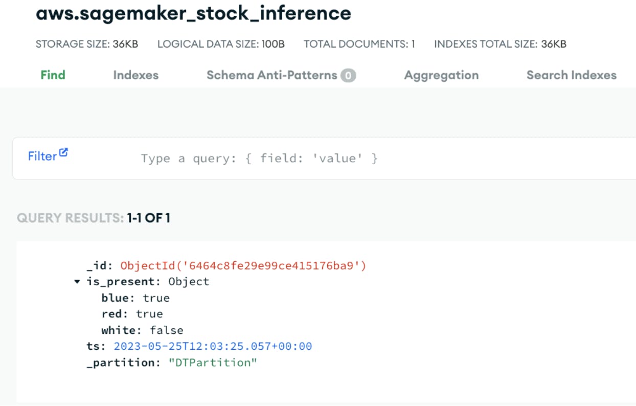 Screenshot of collection storing real time stock status of the factory in the AWS Sagemaker Stock Inference.
