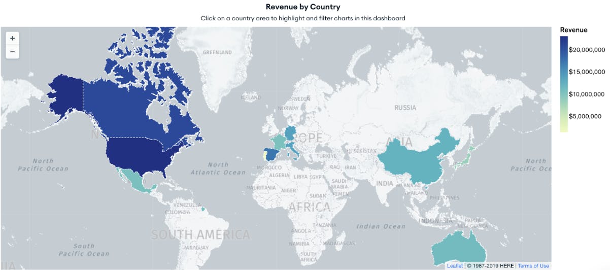 Screenshot of a Geospatial chart in MongoDB Atlas charts. This chart displays revenue by country.
