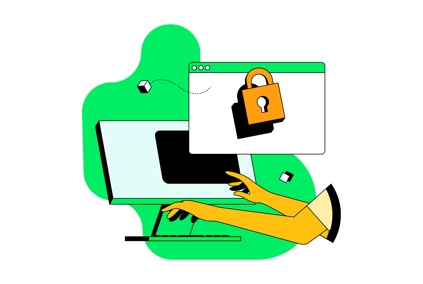 Illustration depicting security. Shows a computer screen with a lock on it and someone typing on the computer.