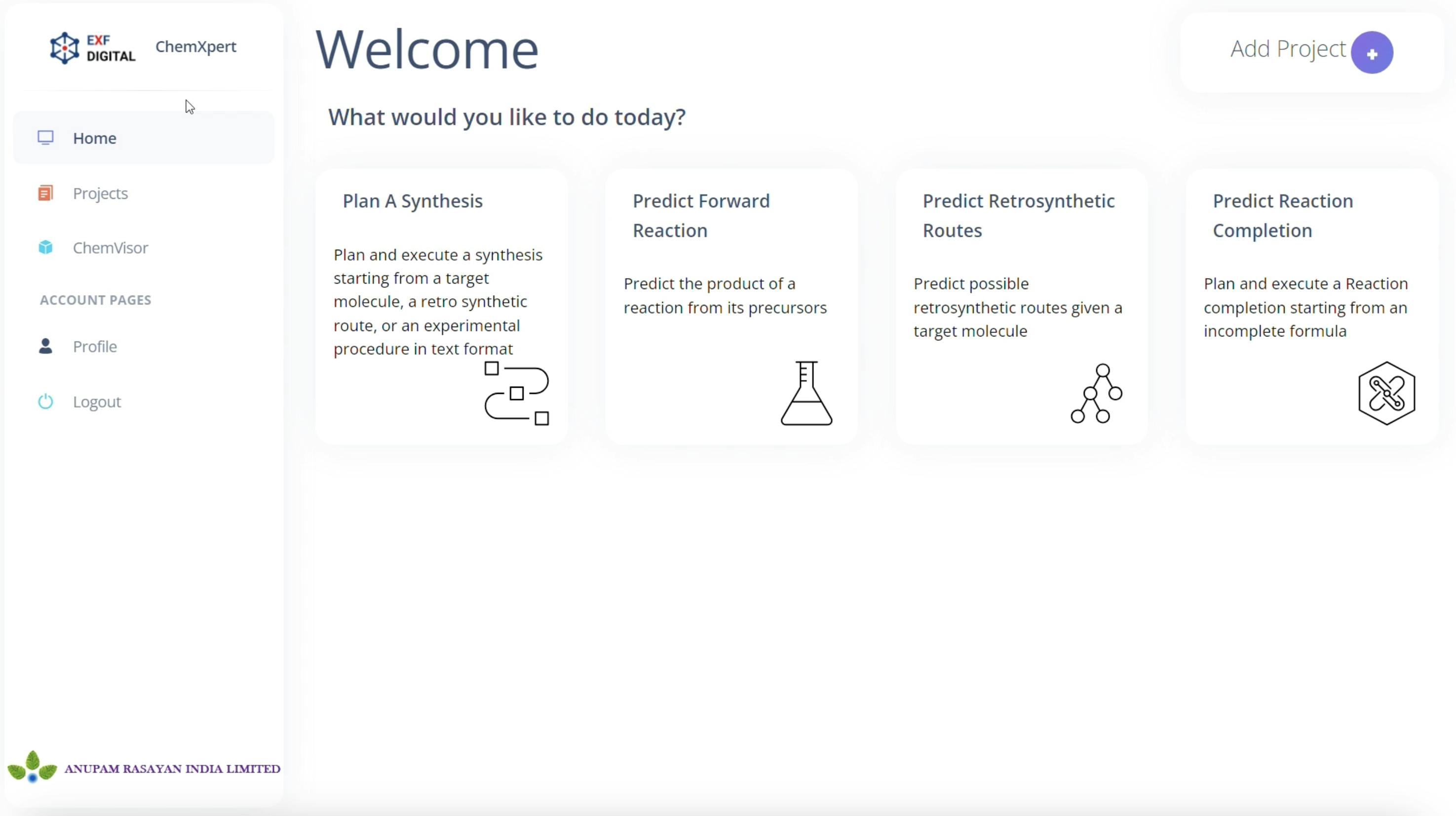 The home page for EXF ChemXpert, a one-stop platform that's accelerating the discovery of new molecules