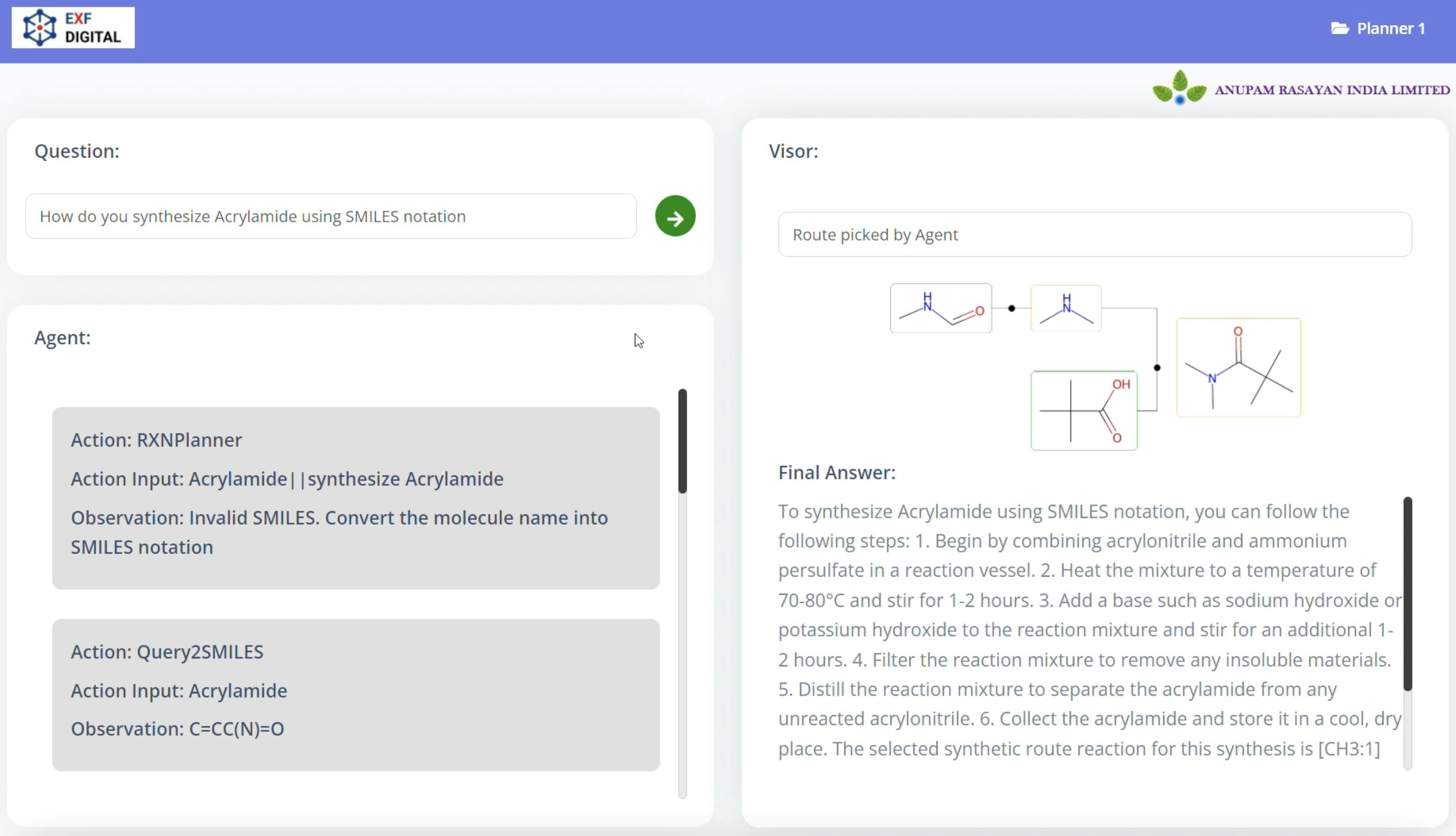 In the Retrosynthesis Planner, the user asks a question about how to synthesize the chemical, acrylamide. 