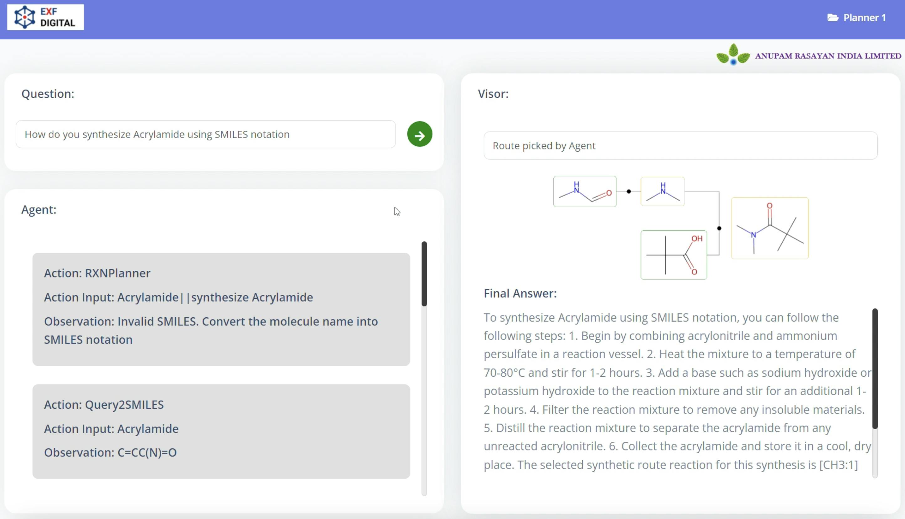 In the Retrosynthesis Planner, the user asks a question about how to synthesize the chemical, acrylamide.