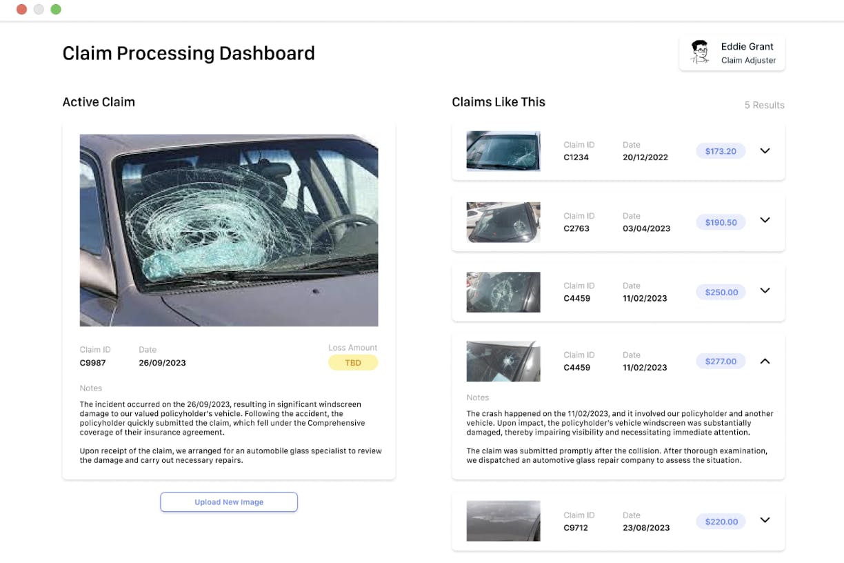 Screenshot of the example Claim Processing Dashboard. Features the active claim about a broken windshield, and displays 5 similar claims to compare the active claim against