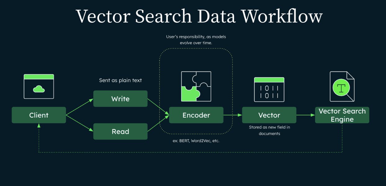 Chart displaying the Vector Search Data Workflow. Data starts with the client and is then either written or read, as plain text, to the encoder. From there it flows into the vector and is stores as new field in documents. Finally, it is sent to the Vector Search Engine, which flows information back to the client.