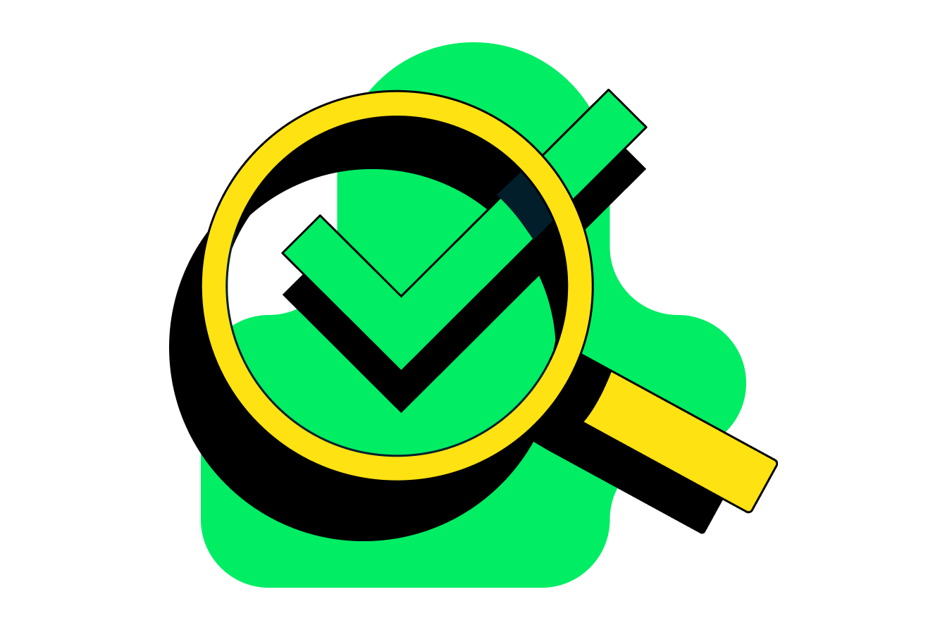 Illustration depicting Search. A magnifying glass is hovering over a check-mark