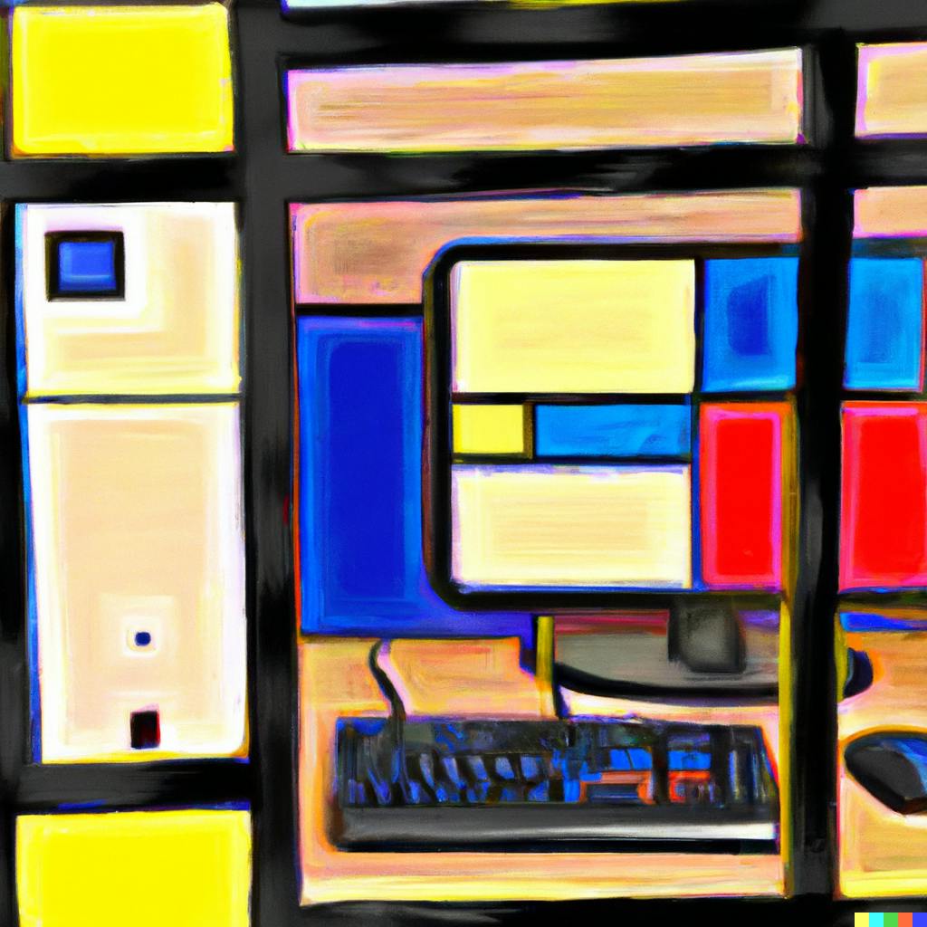 Imagen generada por IA como resultado de darle la indicación "pintura de una computadora al estilo de Mondrian" a DALL-E