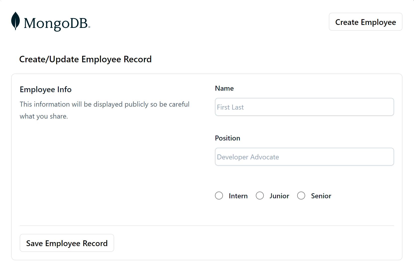 A screenshot depicting the process of creating and updating an employee record.