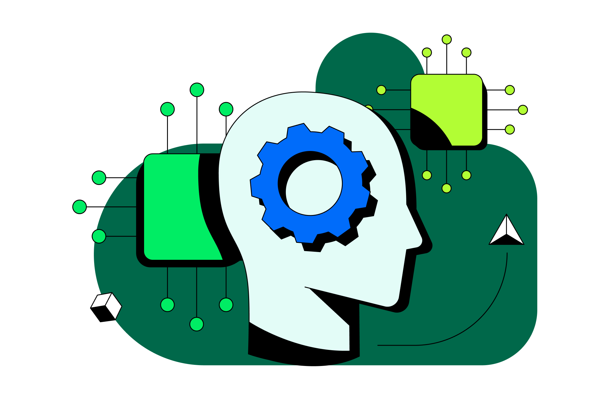 장치가 달린 사람의 머리를 묘사한 일러스트레이션, AI의 프로세스와 아이디어를 상징