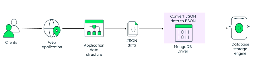 An image describing how MongoDB converts json data to bson data.