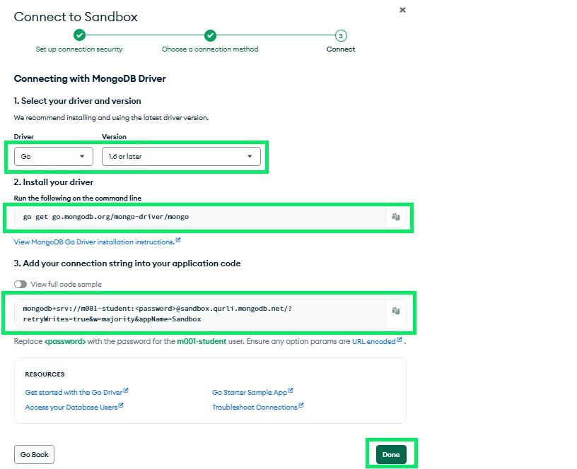 Connecting Go application and MongoDB Atlas (connection string)