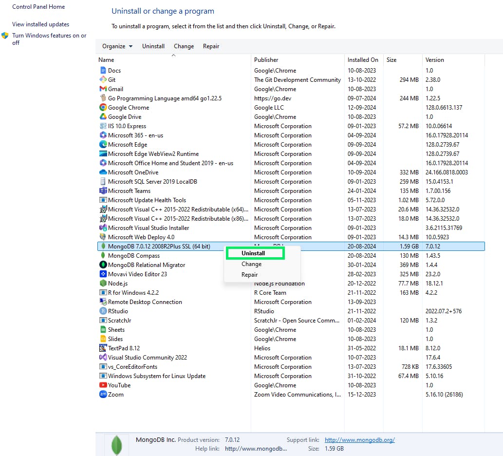 An image of right clicking on mongodb and click uninstall.