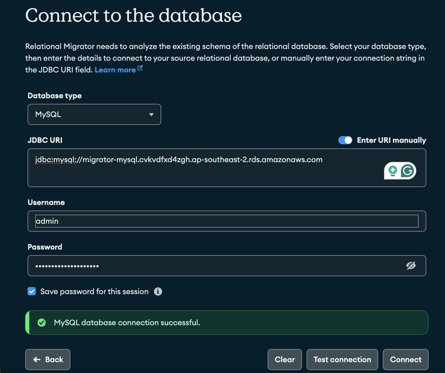 Relational Migrator UI - Connect to the database.