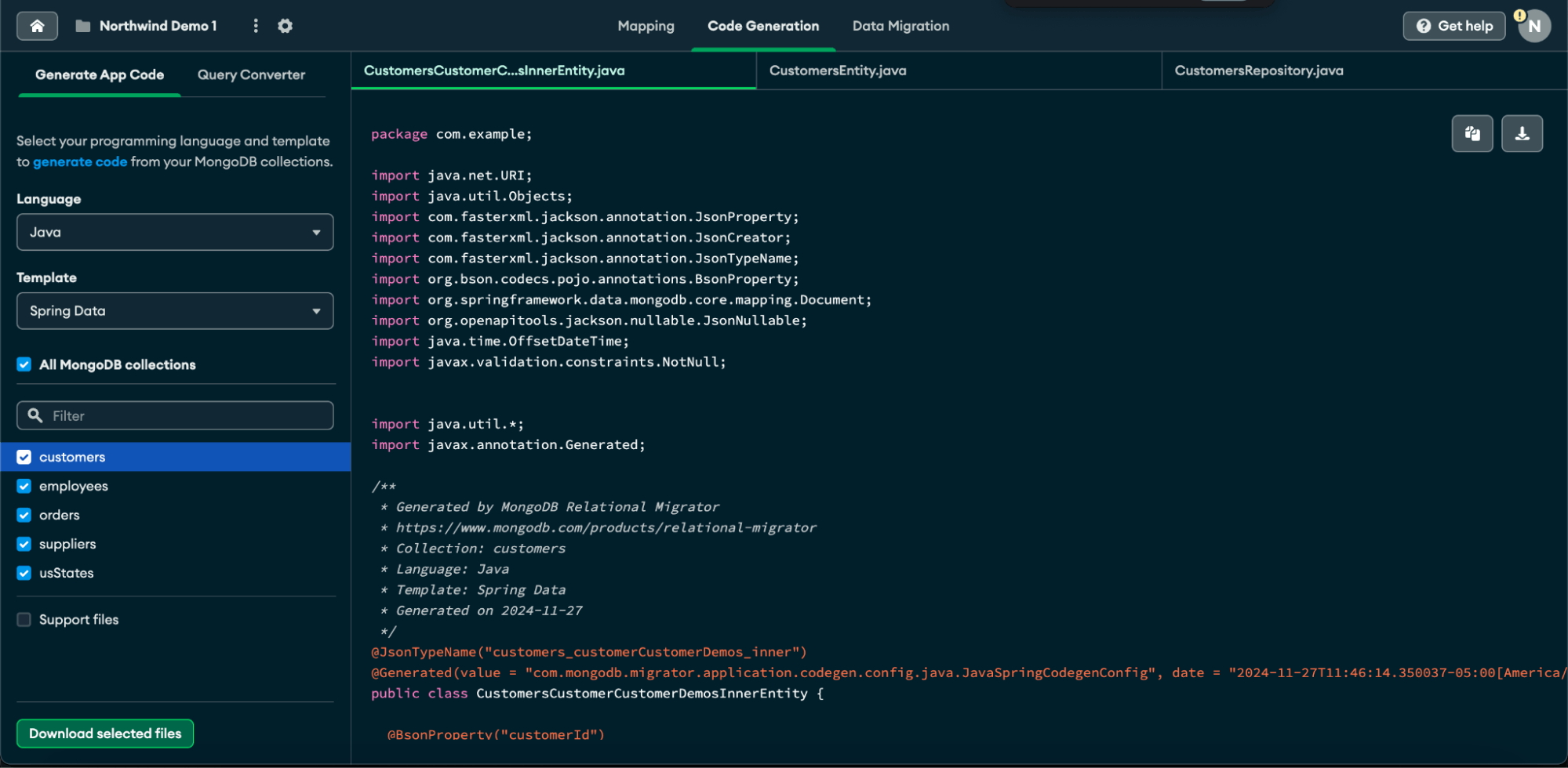 Relational Migrator UI - Generate application code