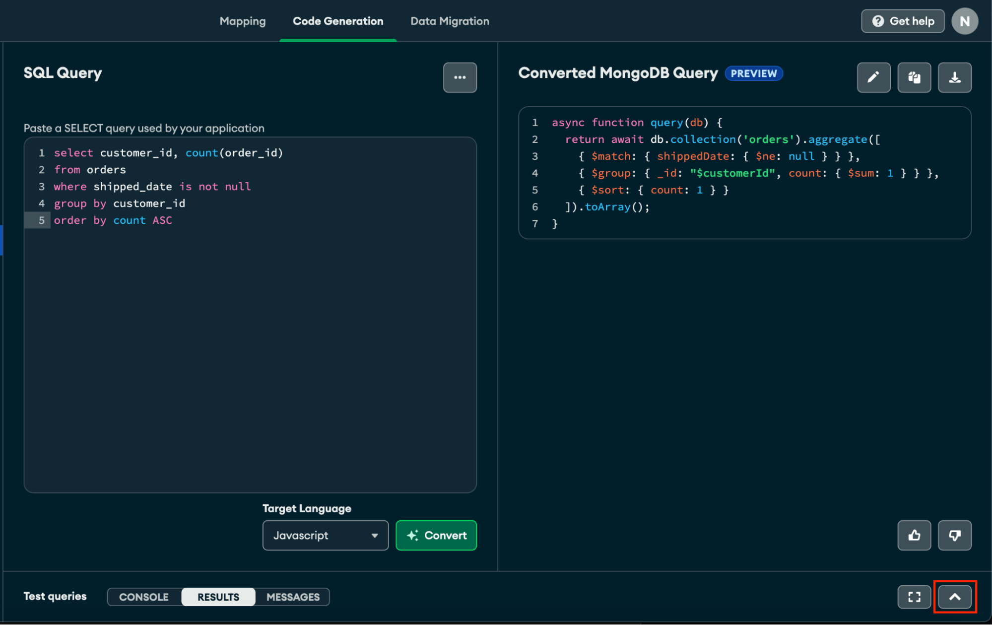 Relational Migrator UI - Test and compare converted queries