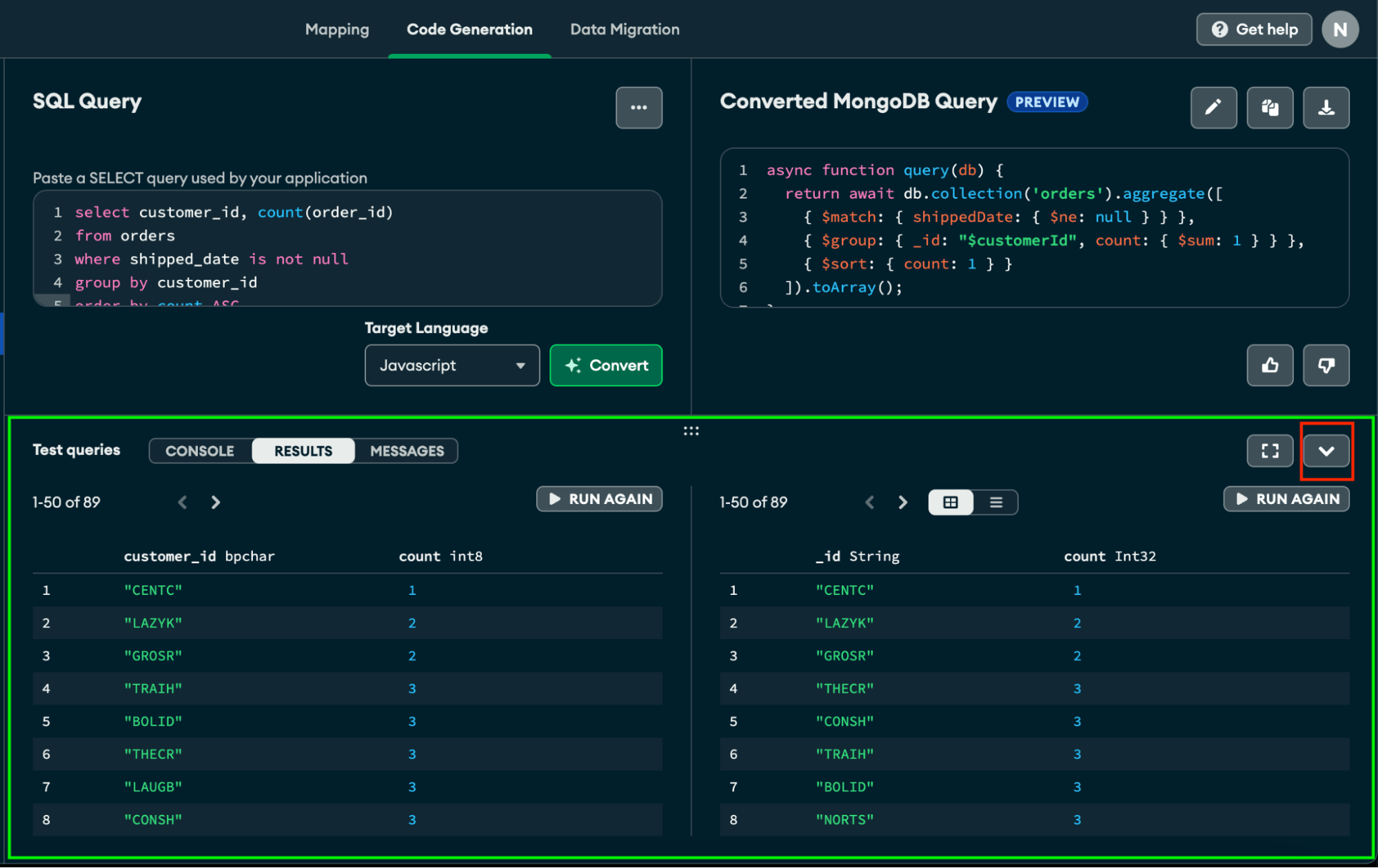 Relational Migrator UI - Test and compare converted queries results
