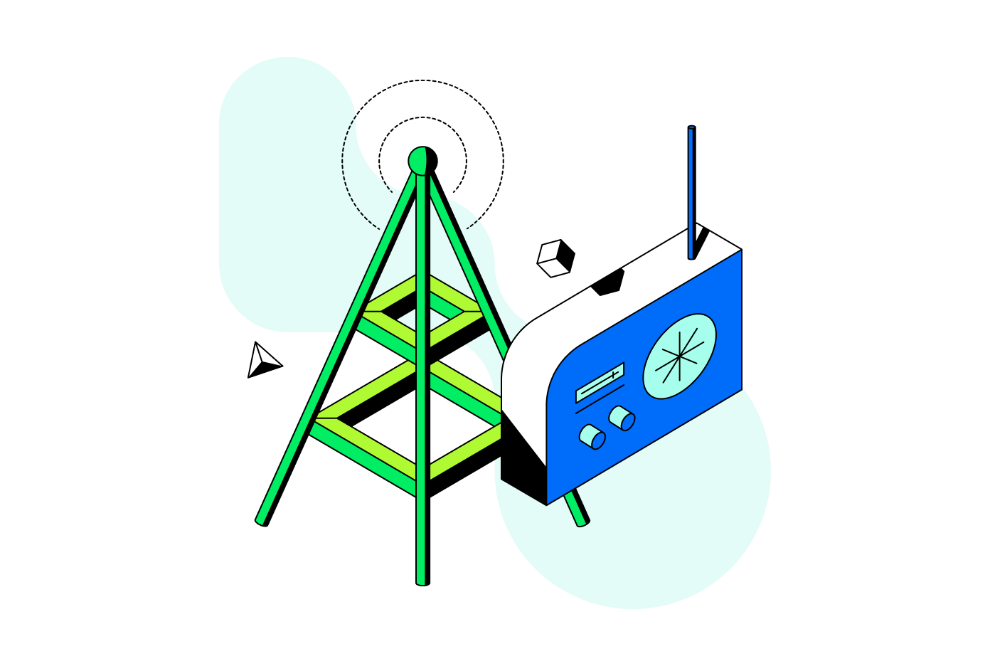 An illustration of a cell tower transmitting signals to a receiver.